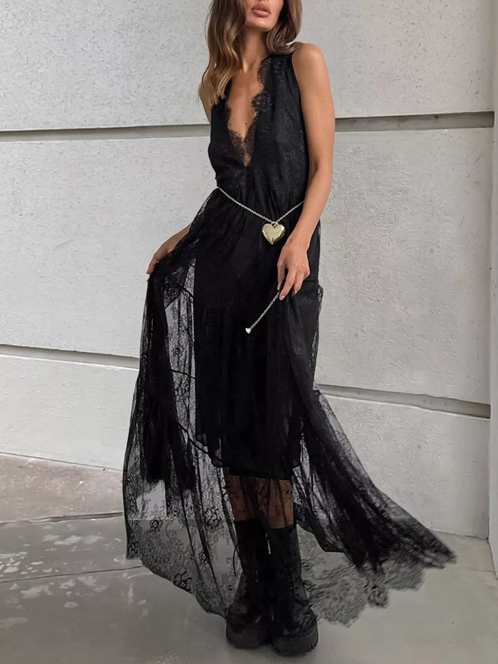 Lace V-Neck Sleeveless Maxi Dress - Lilixa.store