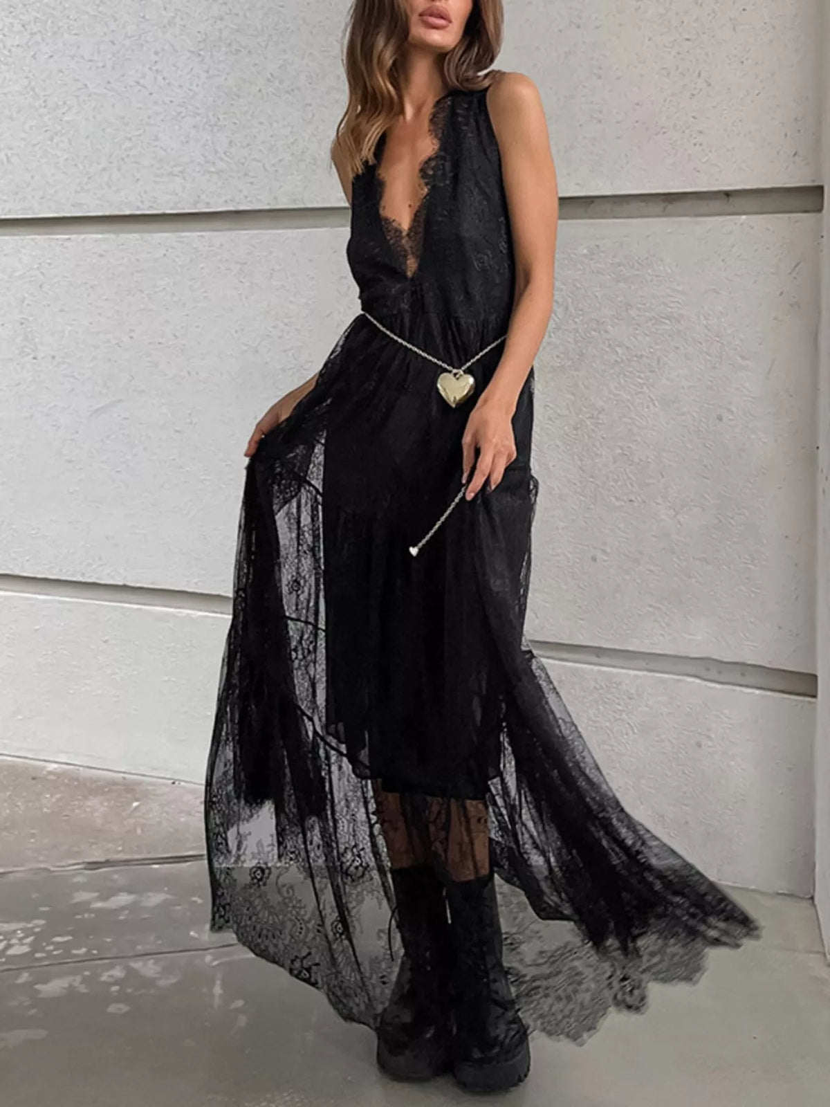 Lace V-Neck Sleeveless Maxi Dress, view 2