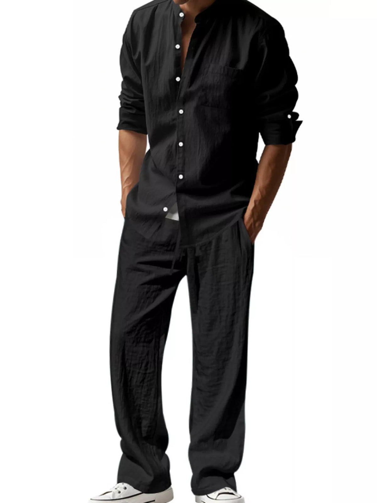 Men's Full Size Button Up Long Sleeve Shirt and Pants Plus Size in Black
