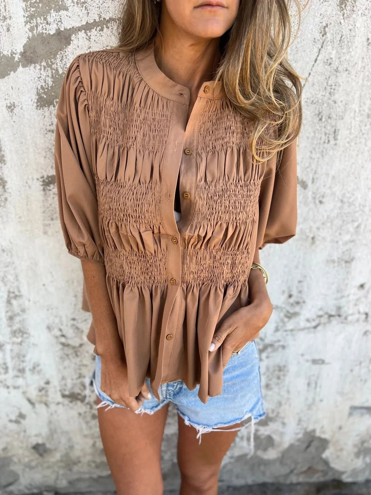 Full Size Smocked Puff Sleeve Blouse Plus Size - Lilixa.store