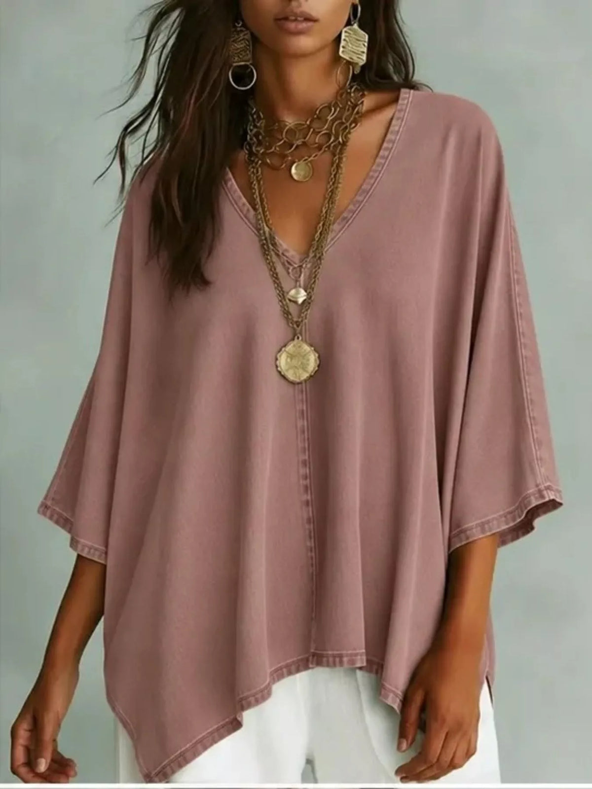 V-Neck Batwing Sleeve T-Shirt - Lilixa.store