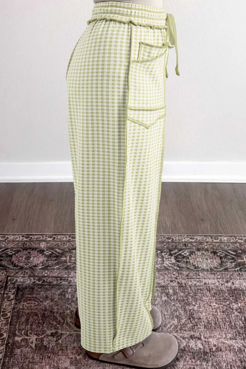 Gingham High-Waisted Drawstring Wide-Leg Pants