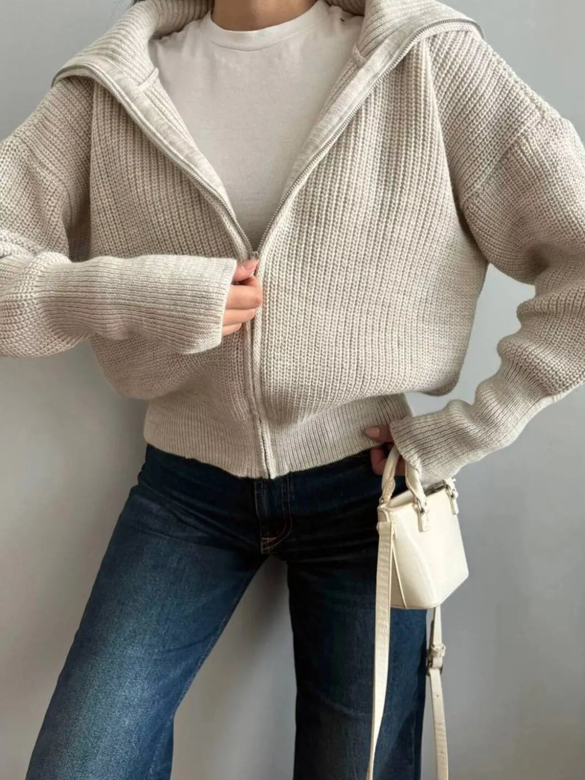 Zip Up Dropped Shoulder Cardigan - Lilixa.store