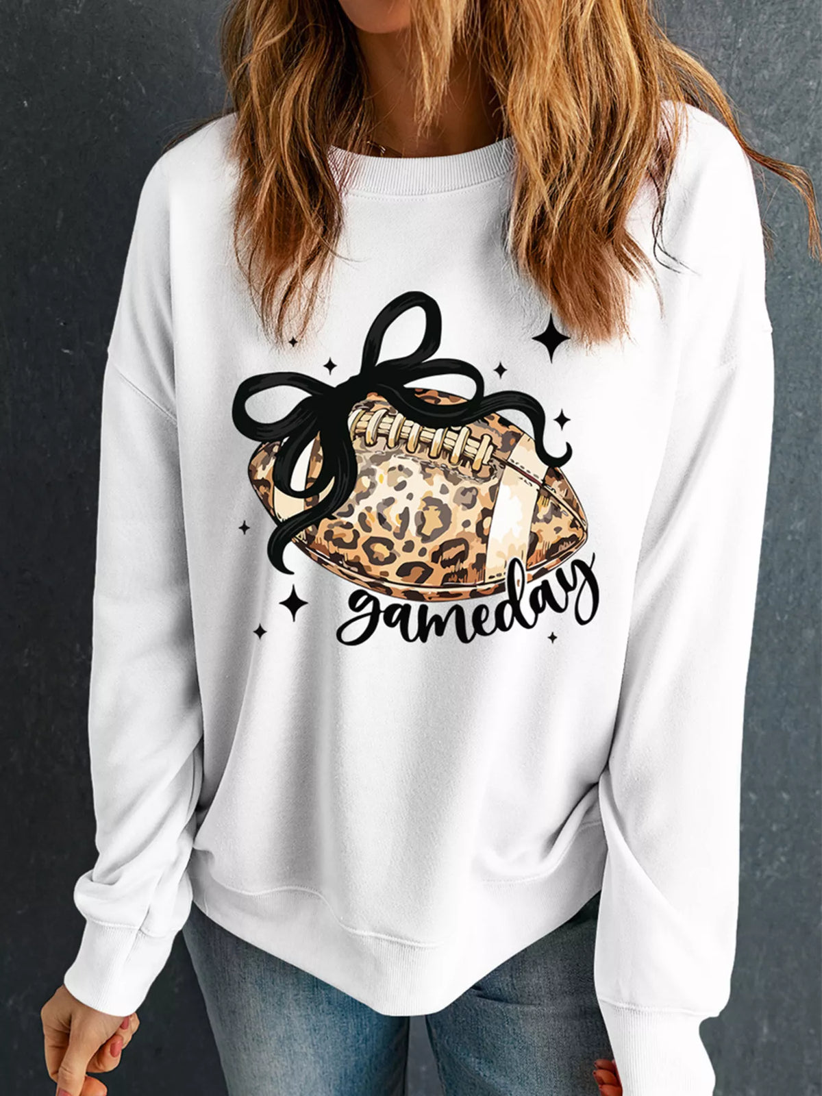 Game Day Leopard Rugby Graphic Customized Crew Neck Sweatshirt in White, view 3