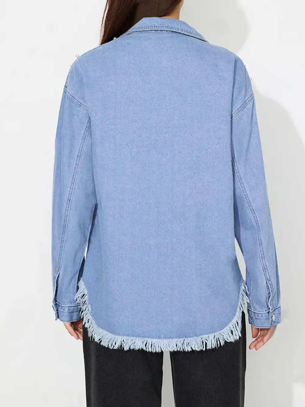 Raw Hem Pearl Trim Collared Neck Denim Top - Lilixa.store