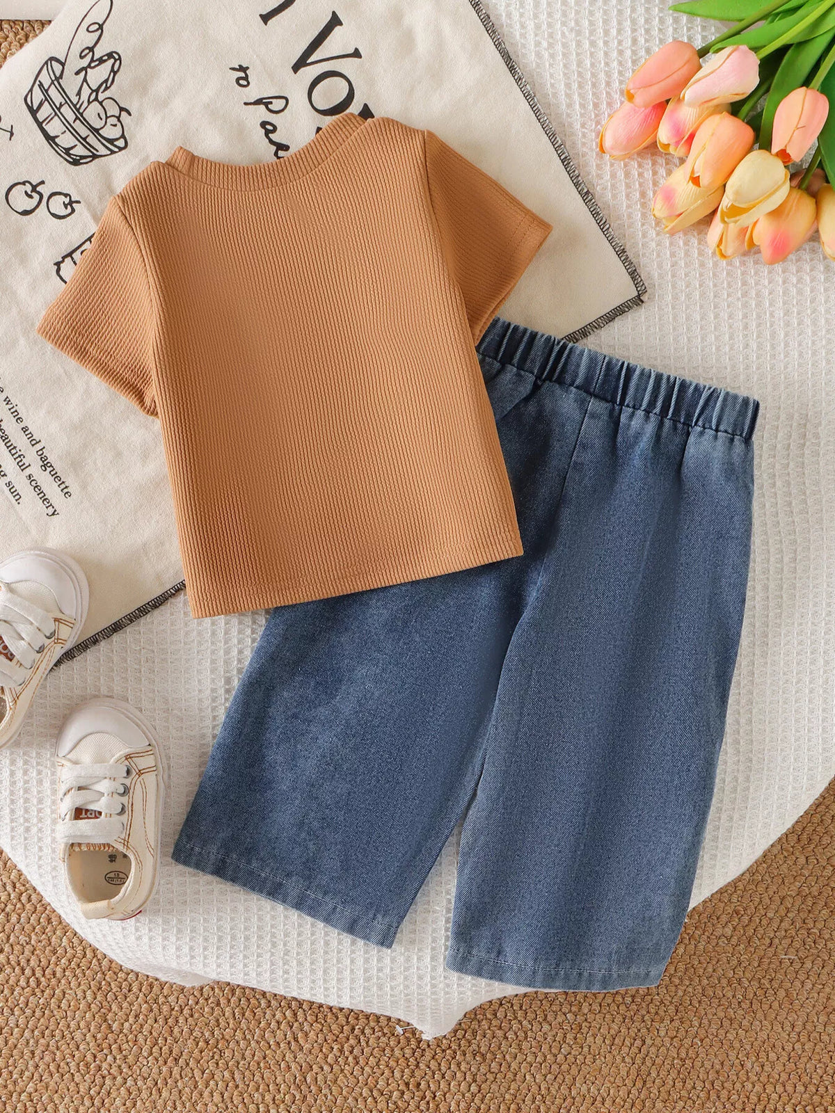 Children's Round Neck Top and Flower Jeans Set - Lilixa.store