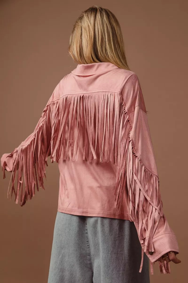 BiBi Suede Fringe Long Sleeve Jacket in Blush, view 9
