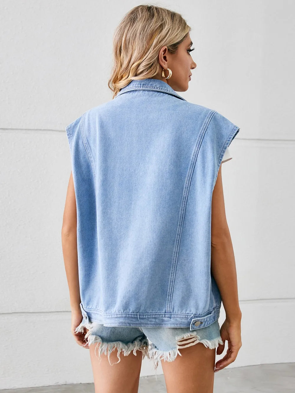 Pocketed Button Up Sleeveless Denim Jacket, view 6