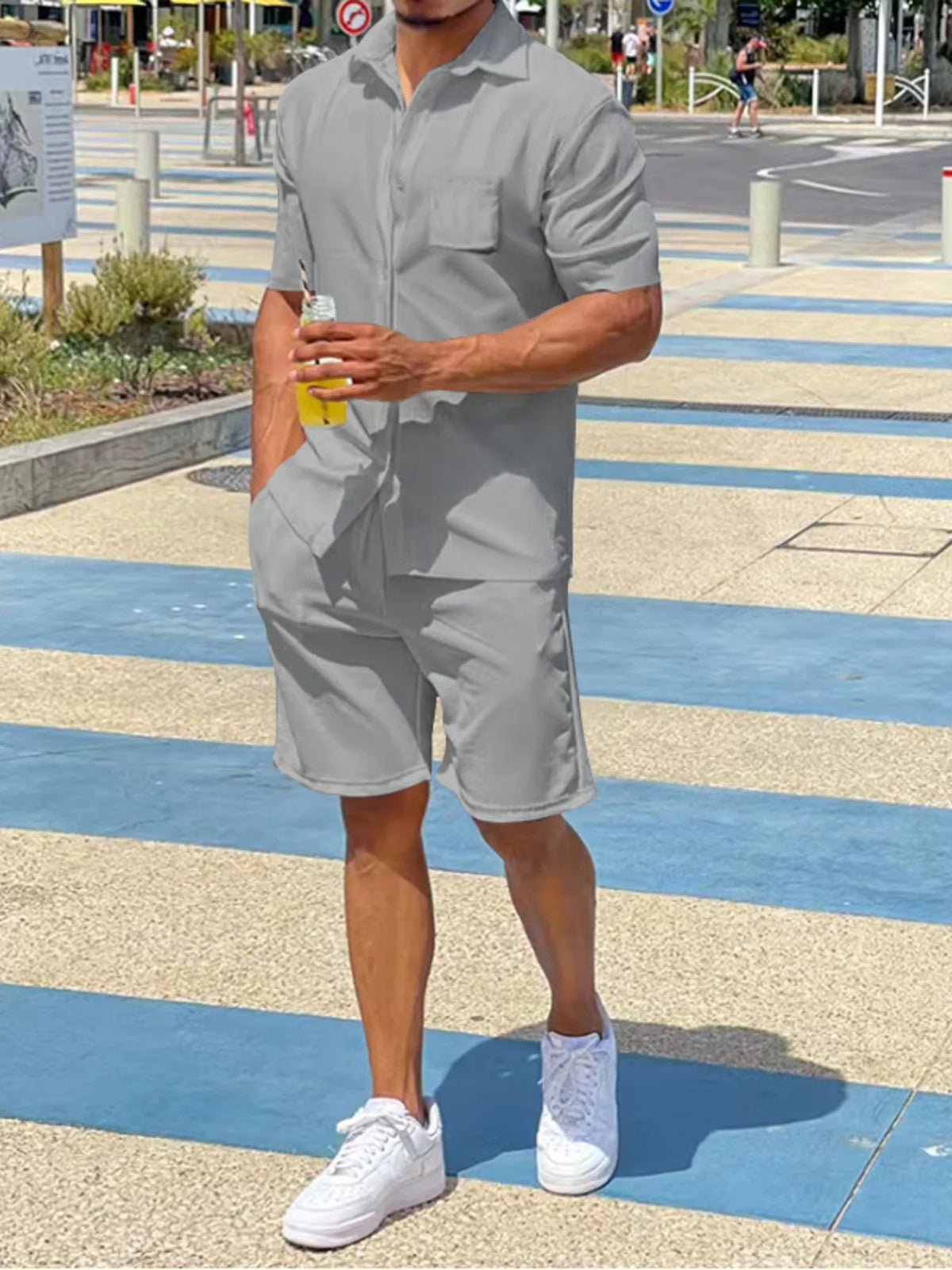 Men's Plus Size Button Up Shirt and Shorts Set in Light Gray