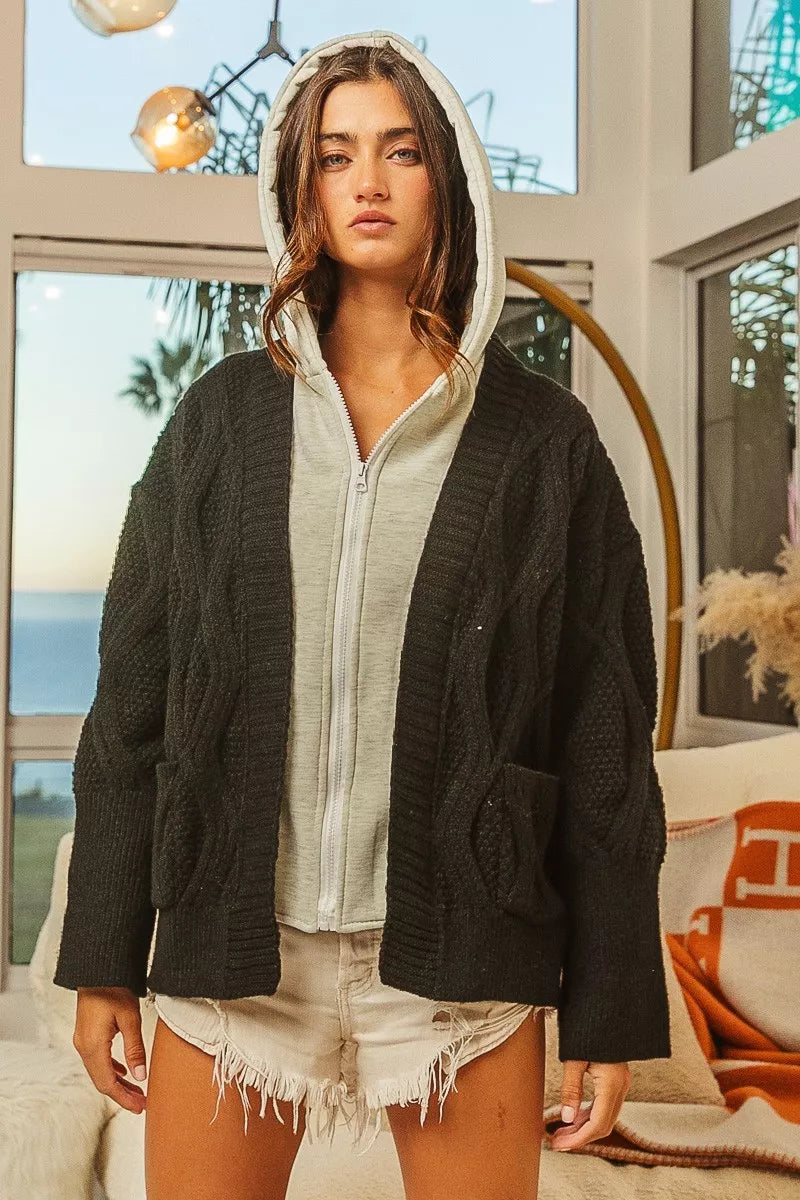 BiBi Knit Hoodie Rhombus Sweater Jacket in Black/Grey, view 7
