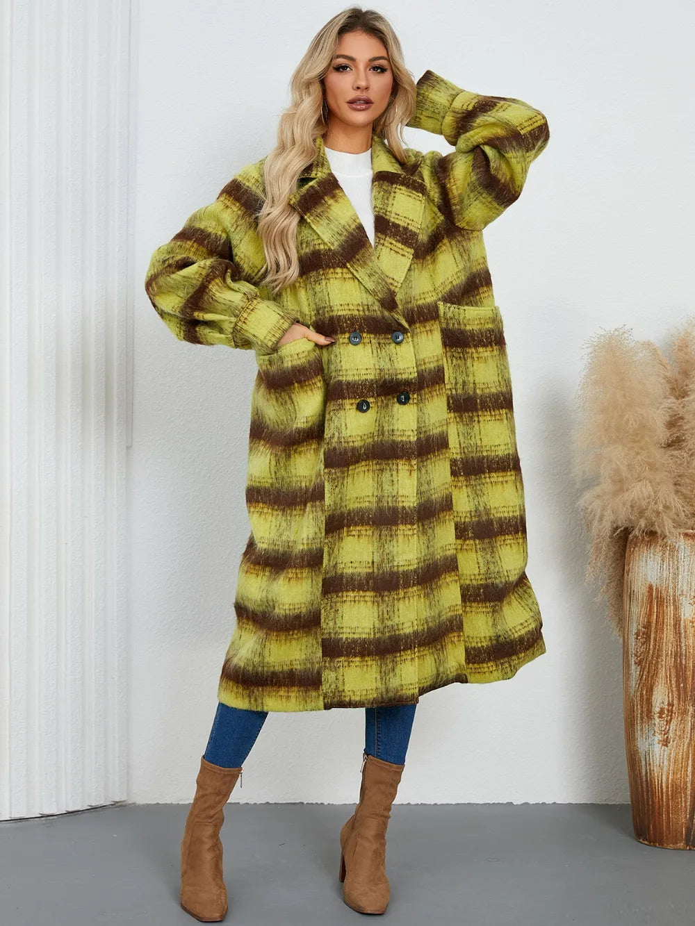 Contrast Double-Breasted Long Sleeve Longline Coat - Lilixa.store