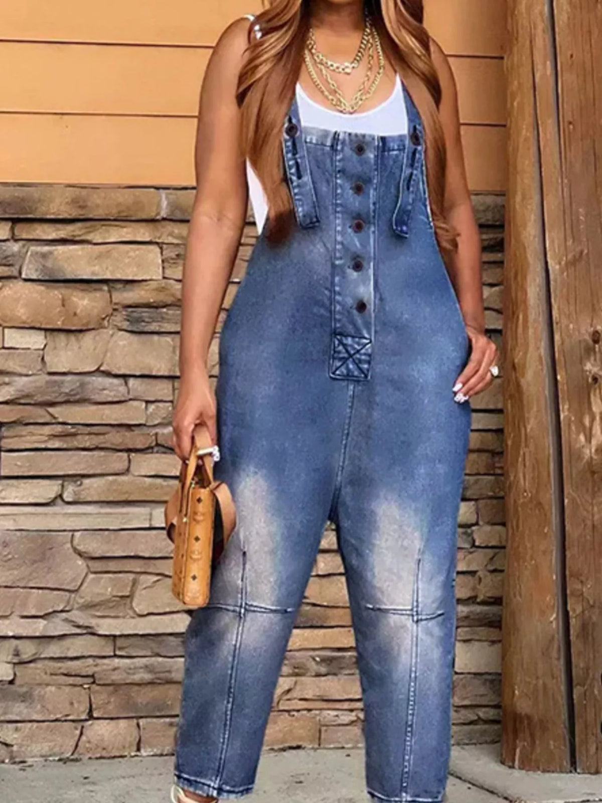 Full Size Button Front Denim Overalls with Pockets Plus Size - Lilixa.store