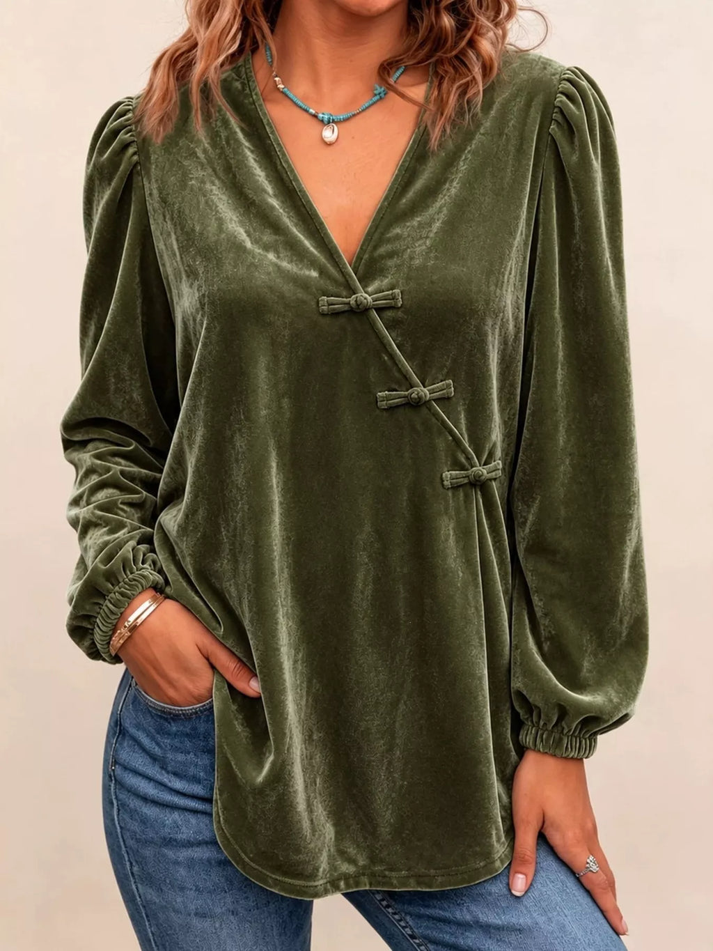 Chinese-Style Knot Buttons Velvet Blouse - Lilixa.store