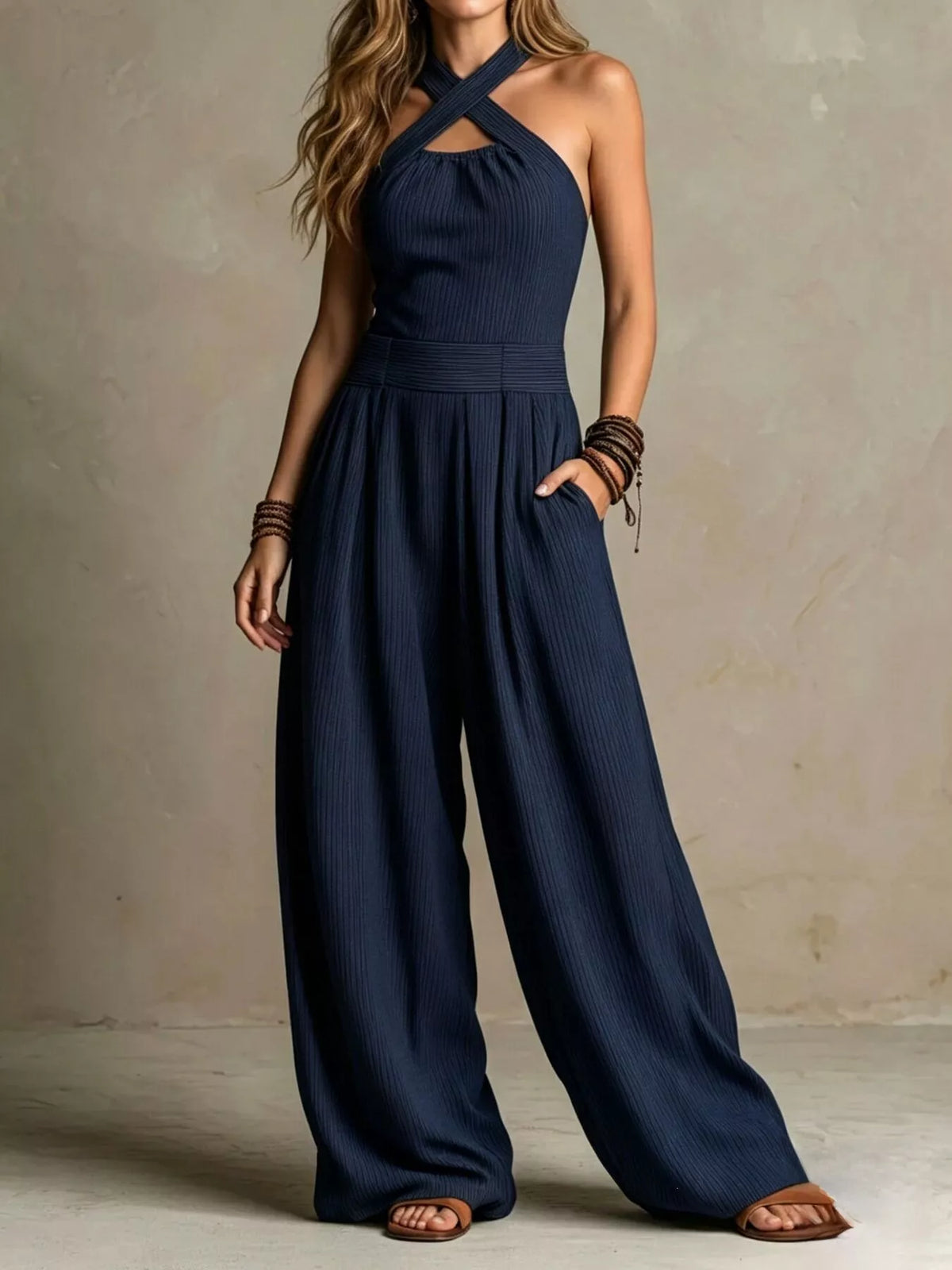 Halter Neck Wide-Leg Jumpsuit with Pockets in Navy Blue