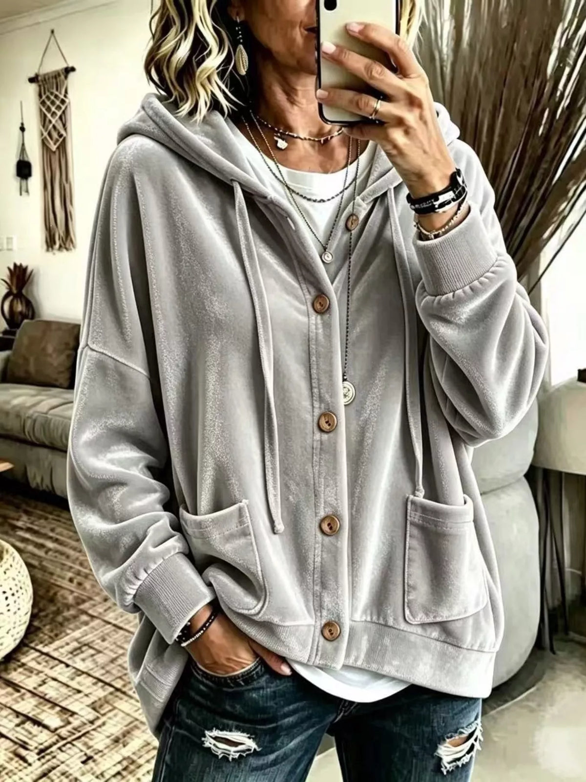 Full Size Casual Button-Down Hooded Outerwear Plus Size in Gray