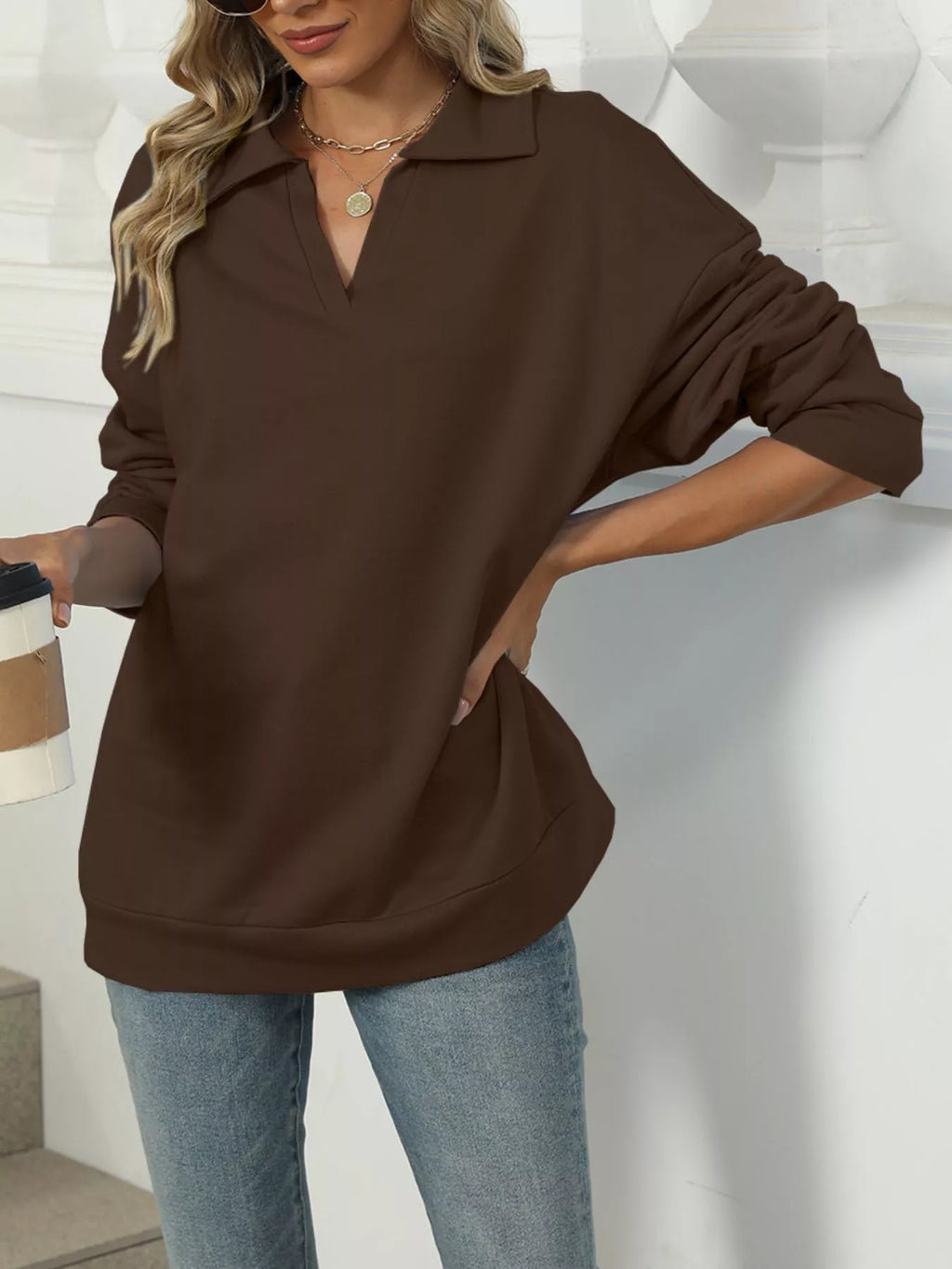 Johnny Collar Drop Shoulder Long Sleeve Sweatshirt - Lilixa.store