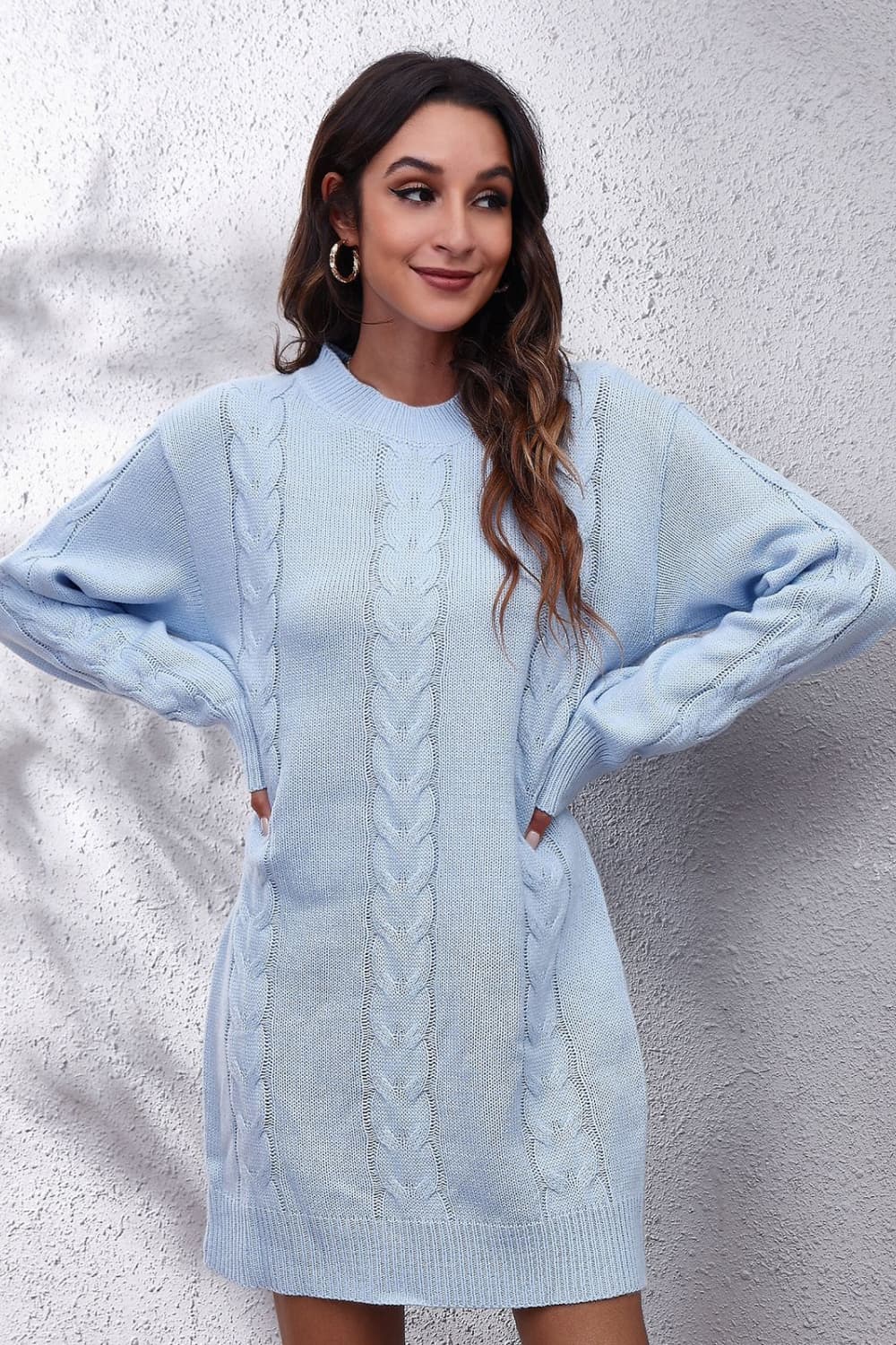 Cable-Knit Round Neck Sweater Dress, view 2