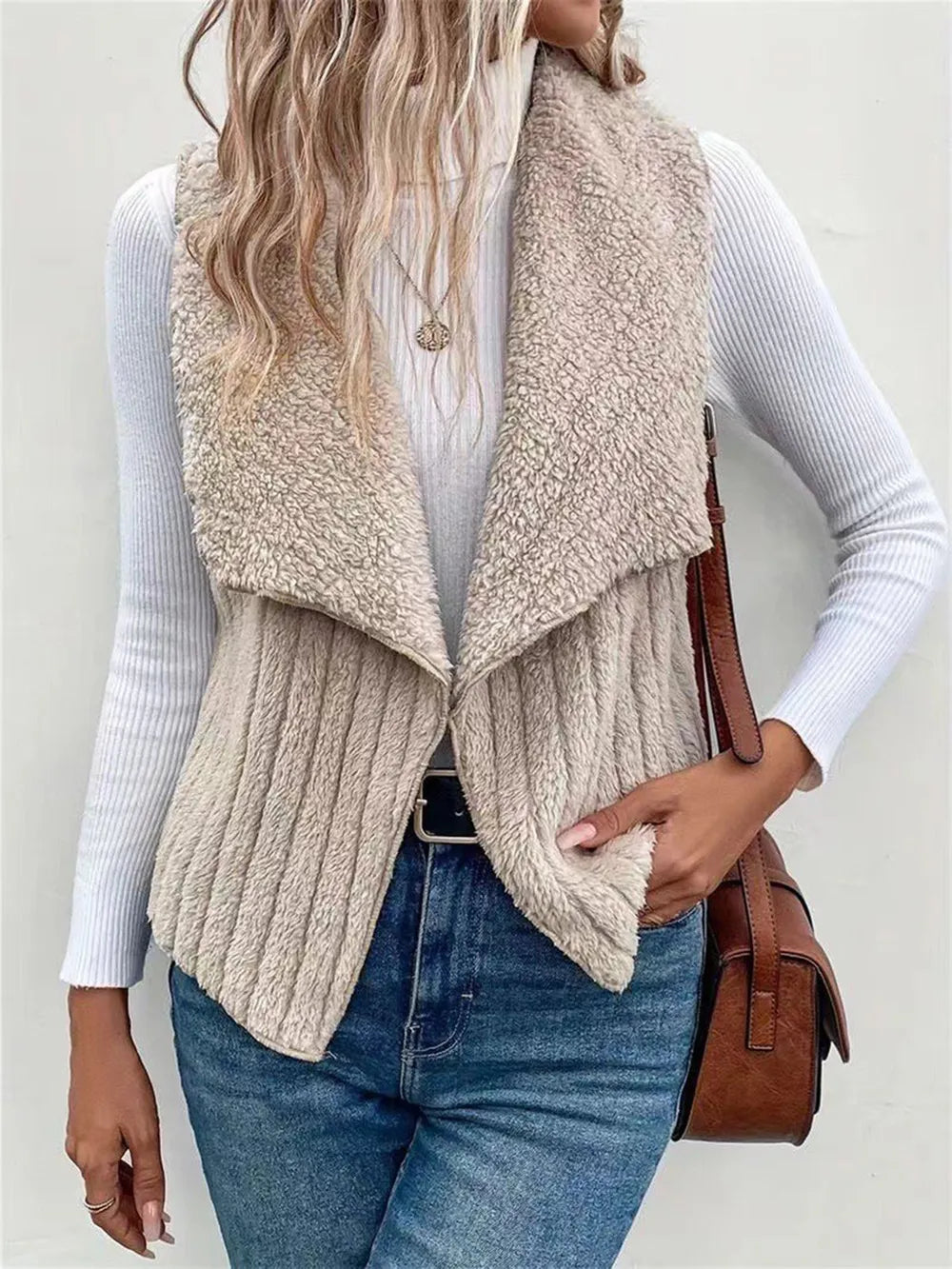 Open Front Fuzzy Vest Coat in Dust Storm