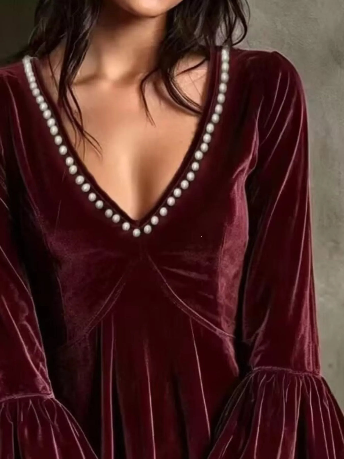 Full Size Velvet Bell-Sleeve Mini Dress with Pearl Embellished V-Neck Plus Size