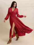 V-Neck Balloon Sleeve Ruffled Hem Maxi Dress - Lilixa.store