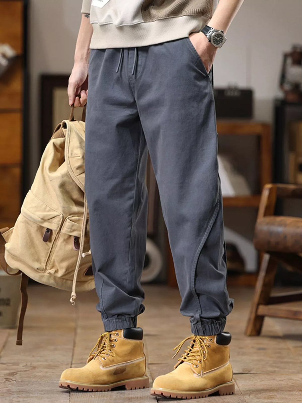Men's Full Size Drawstring Jogger Pants with Elastic Cuffs Plus Size in Grey
