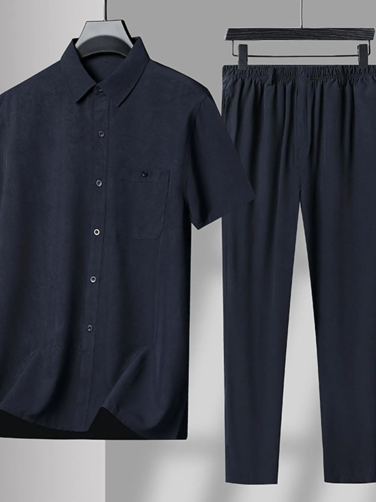 Men's Plus Size Button Up Short Sleeve Shirt and Pants Set in Navy