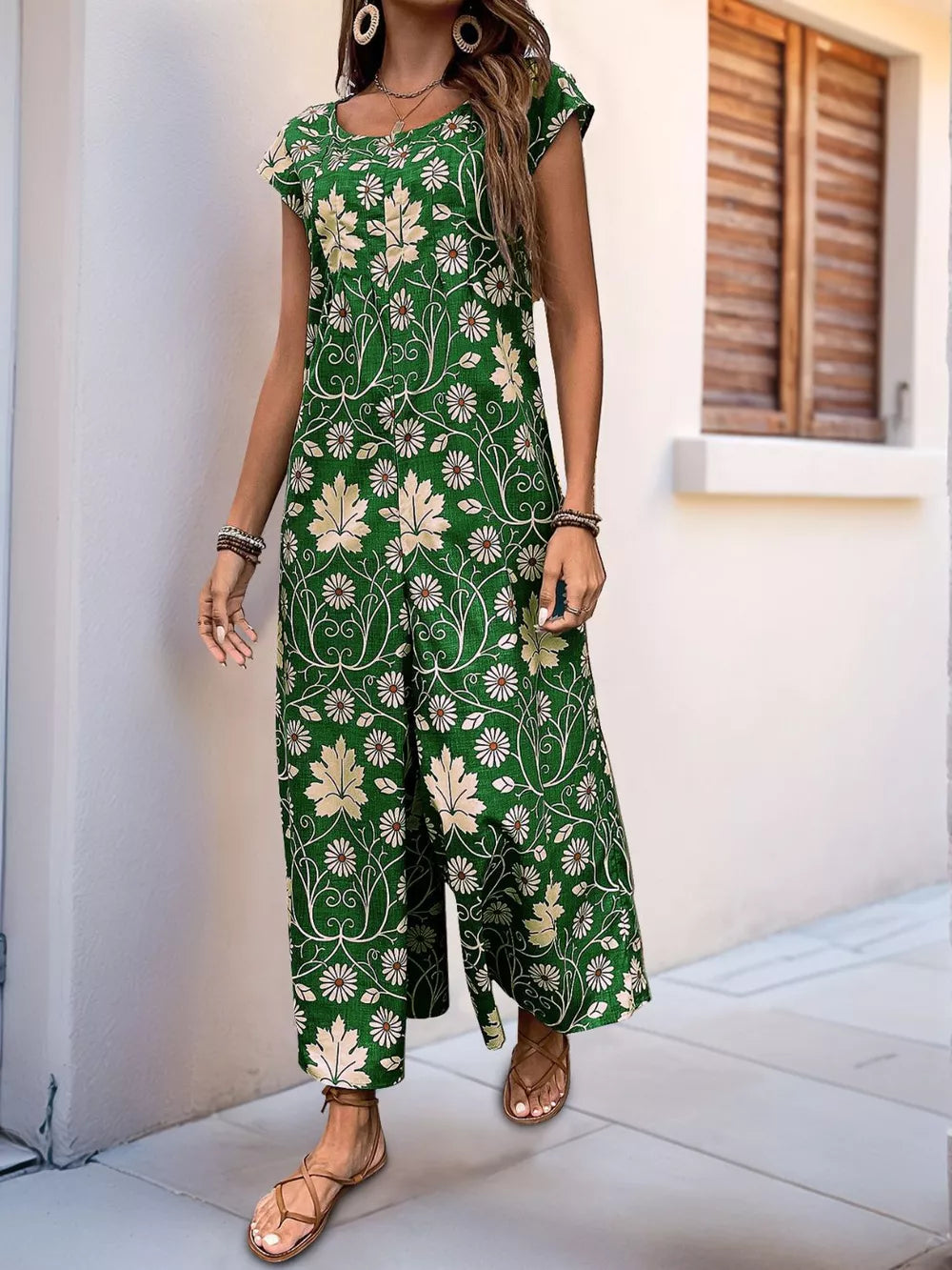 Perfee Printed Round Neck Cap Sleeve Wide Leg Jumpsuit - Lilixa.store
