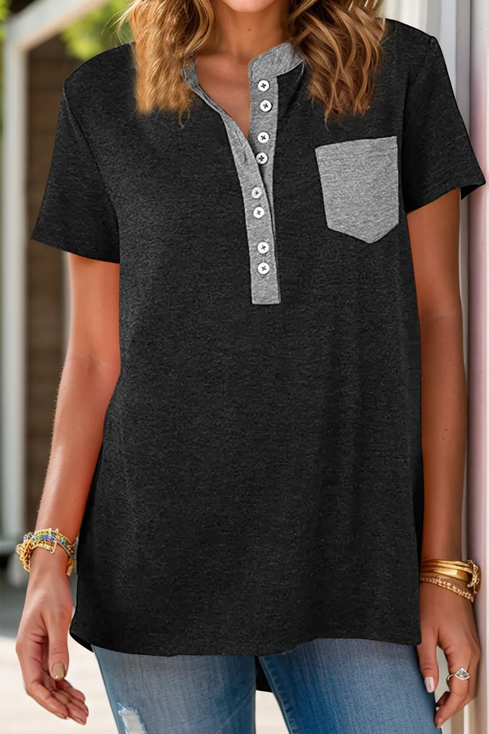 Full Size Half Button Short Sleeve T-Shirt - Lilixa.store