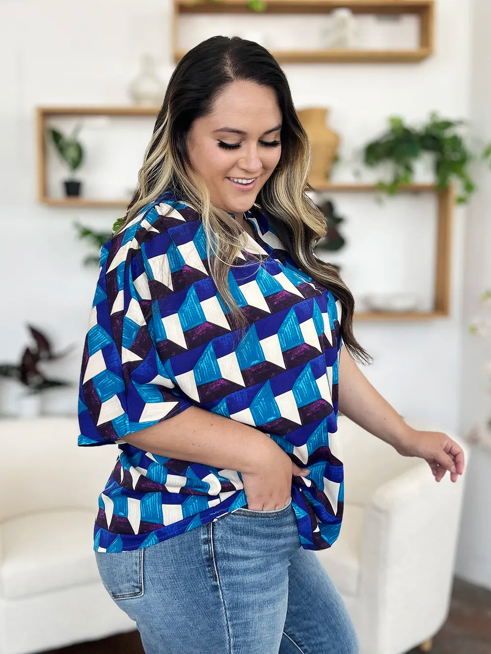Double Take Full Size Geometric Notched Half Sleeve Blouse - Lilixa.store