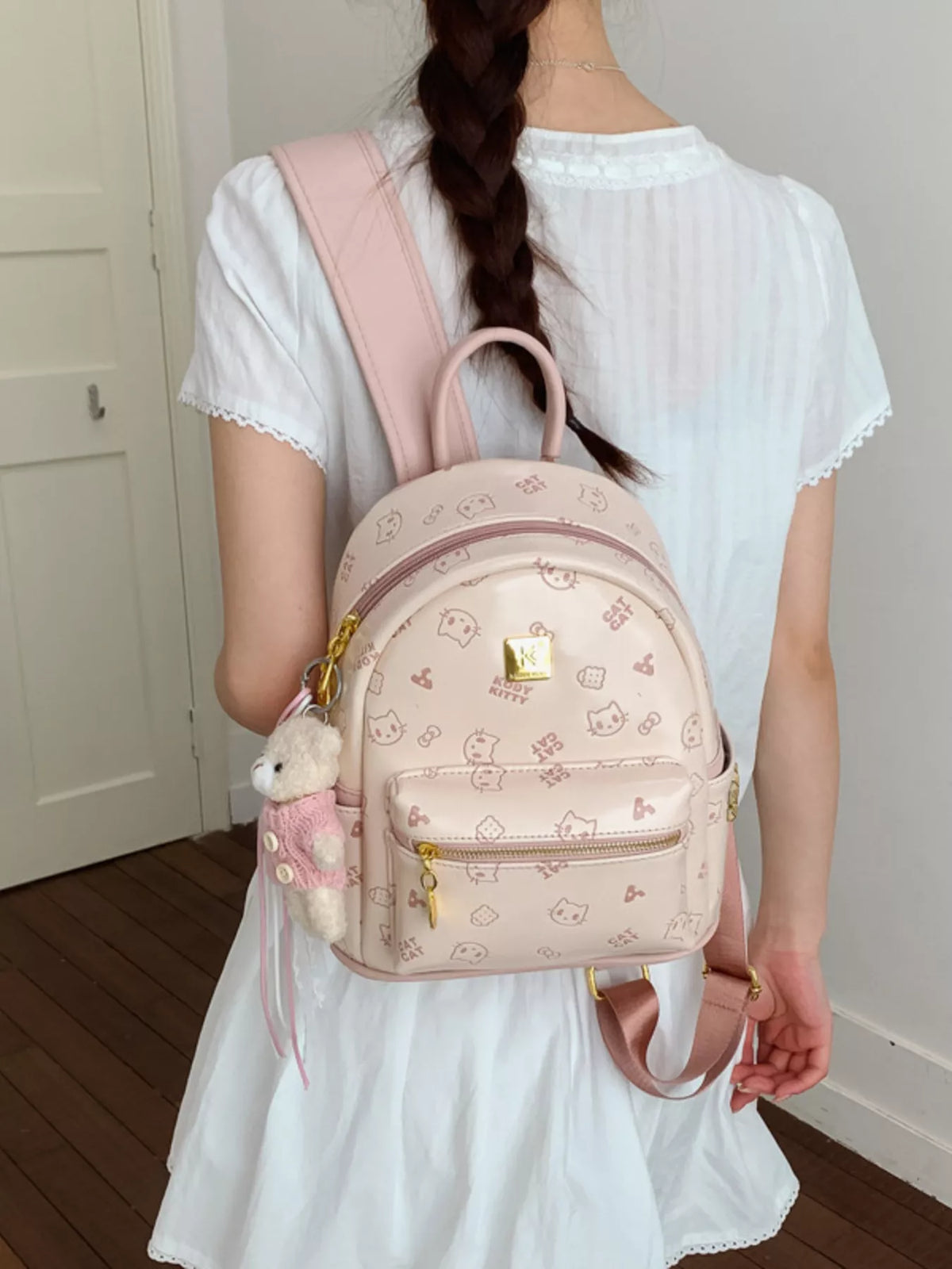Cartoon Pattern Backpack Bag with Bear Pendant - Lilixa.store