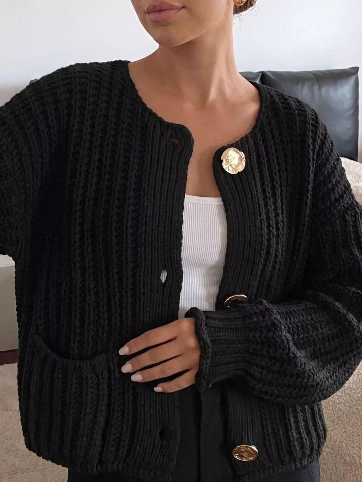 Ribbed Knit Cardigan with Gold-Tone Buttons, view 14