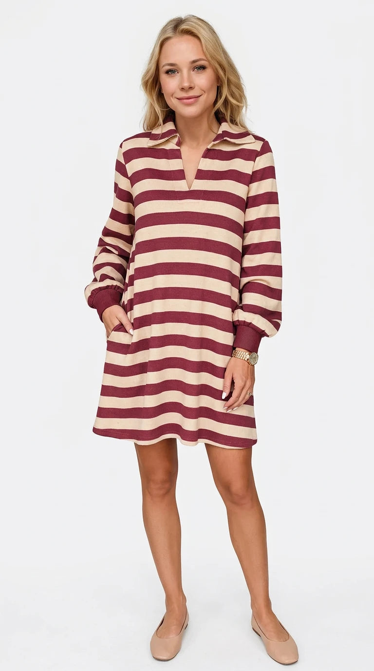 Double Take Full Size Striped Contrast Collared Neck Long Sleeve Dress in Deep Rose