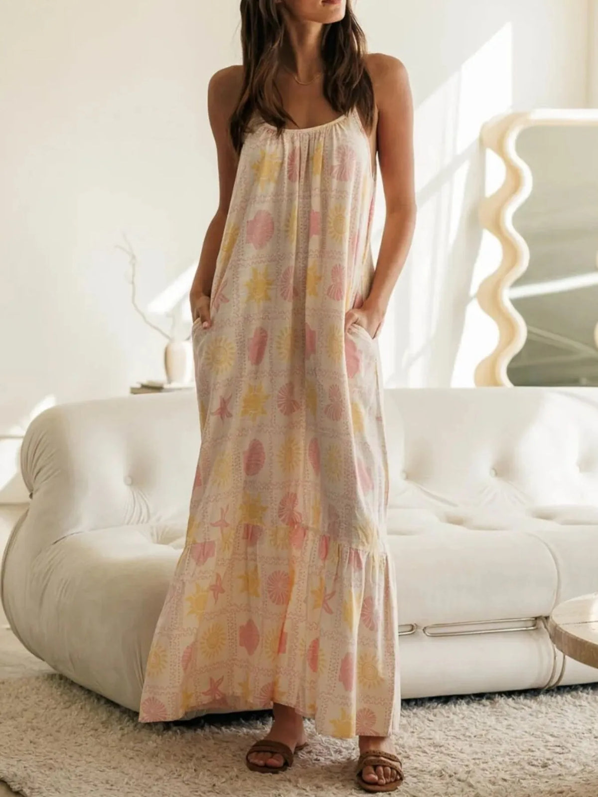 Printed Maxi Lounge Dress with Ruffled Hem - Lilixa.store