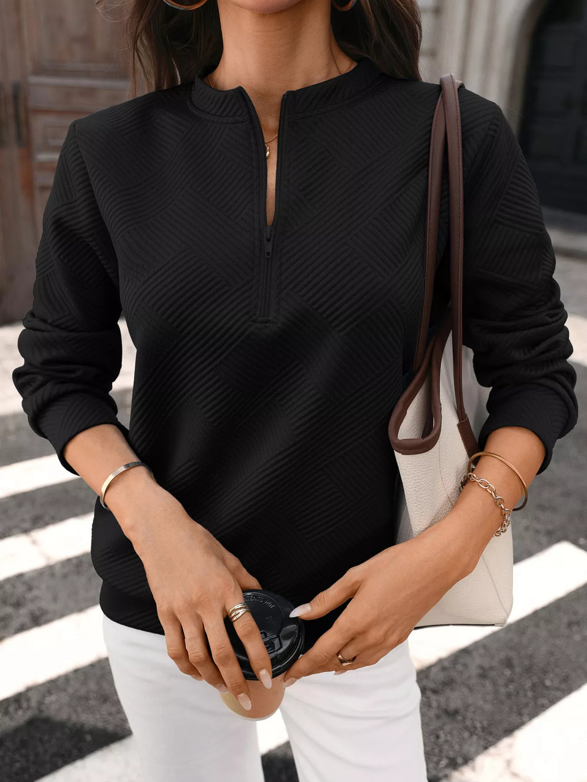 Textured Quarter-Zip Sweatshirt - Lilixa.store