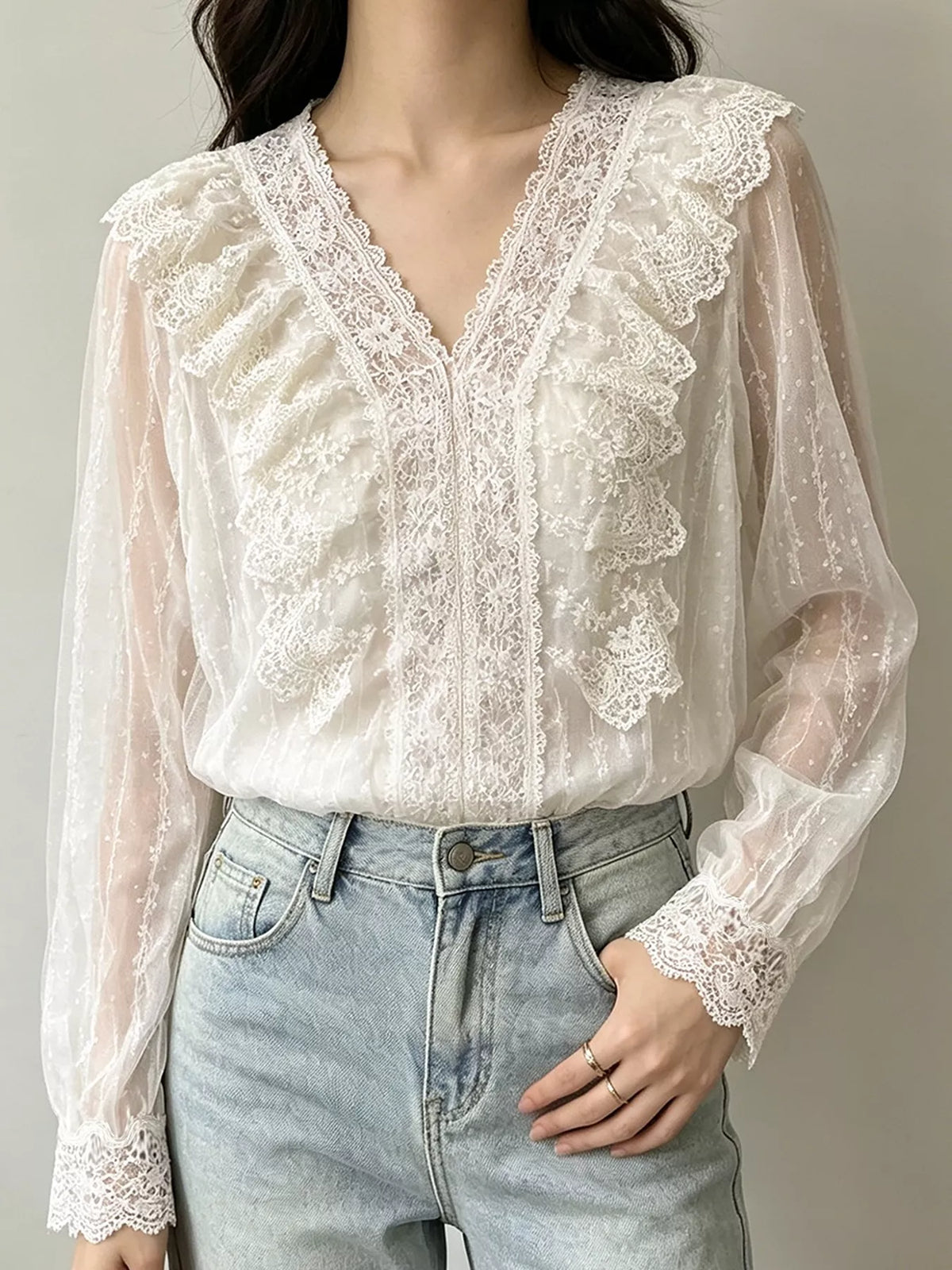 V-Neck Lace Ruffle Sheer Blouse in Apricot