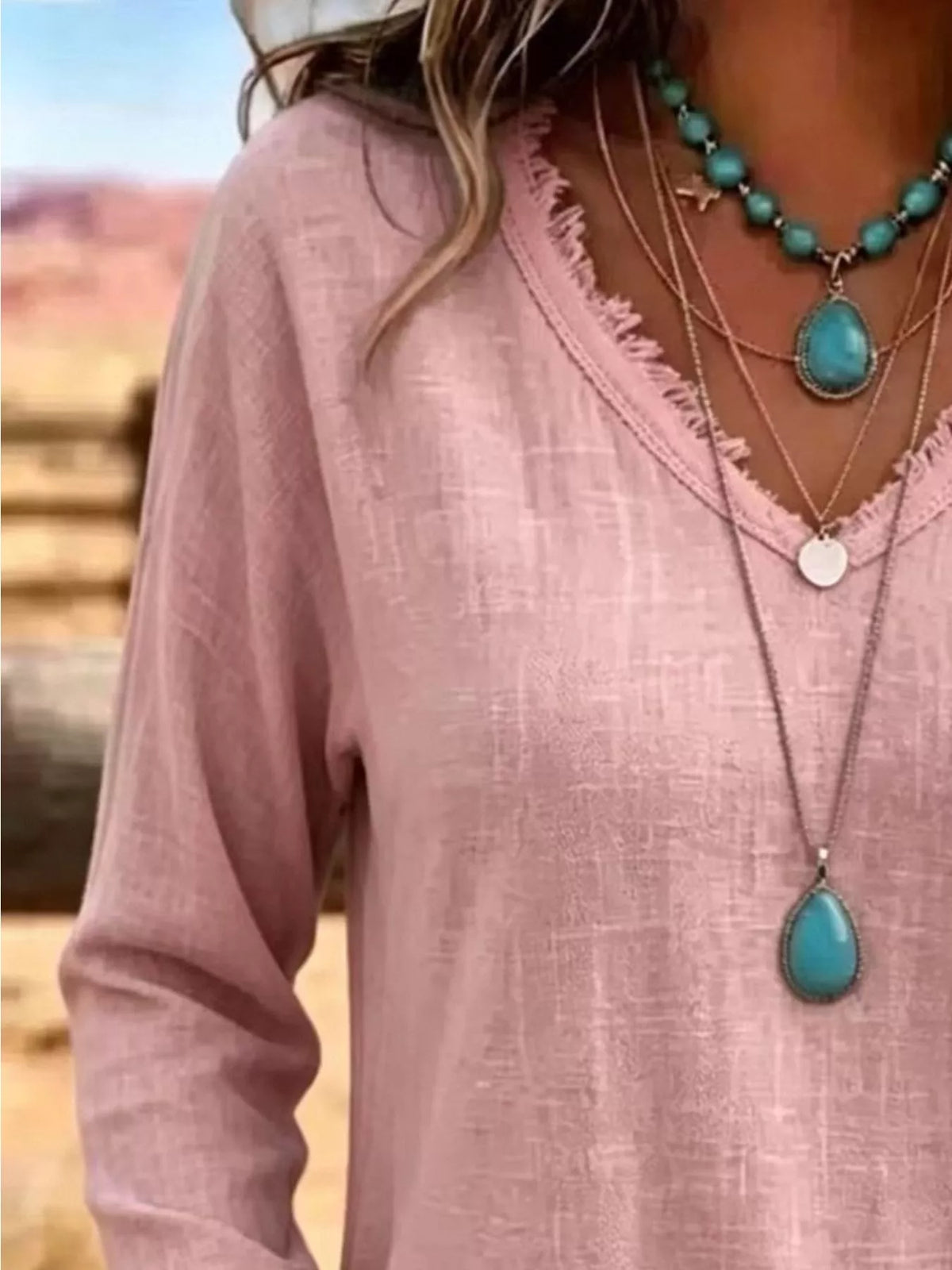 V-Neck Long Sleeve Blouse with Frayed Hem Detail - Lilixa.store