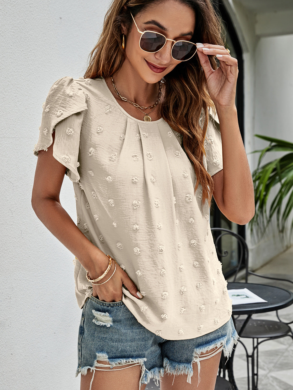 Swiss Dot Round Neck Petal Sleeve Top, view 7