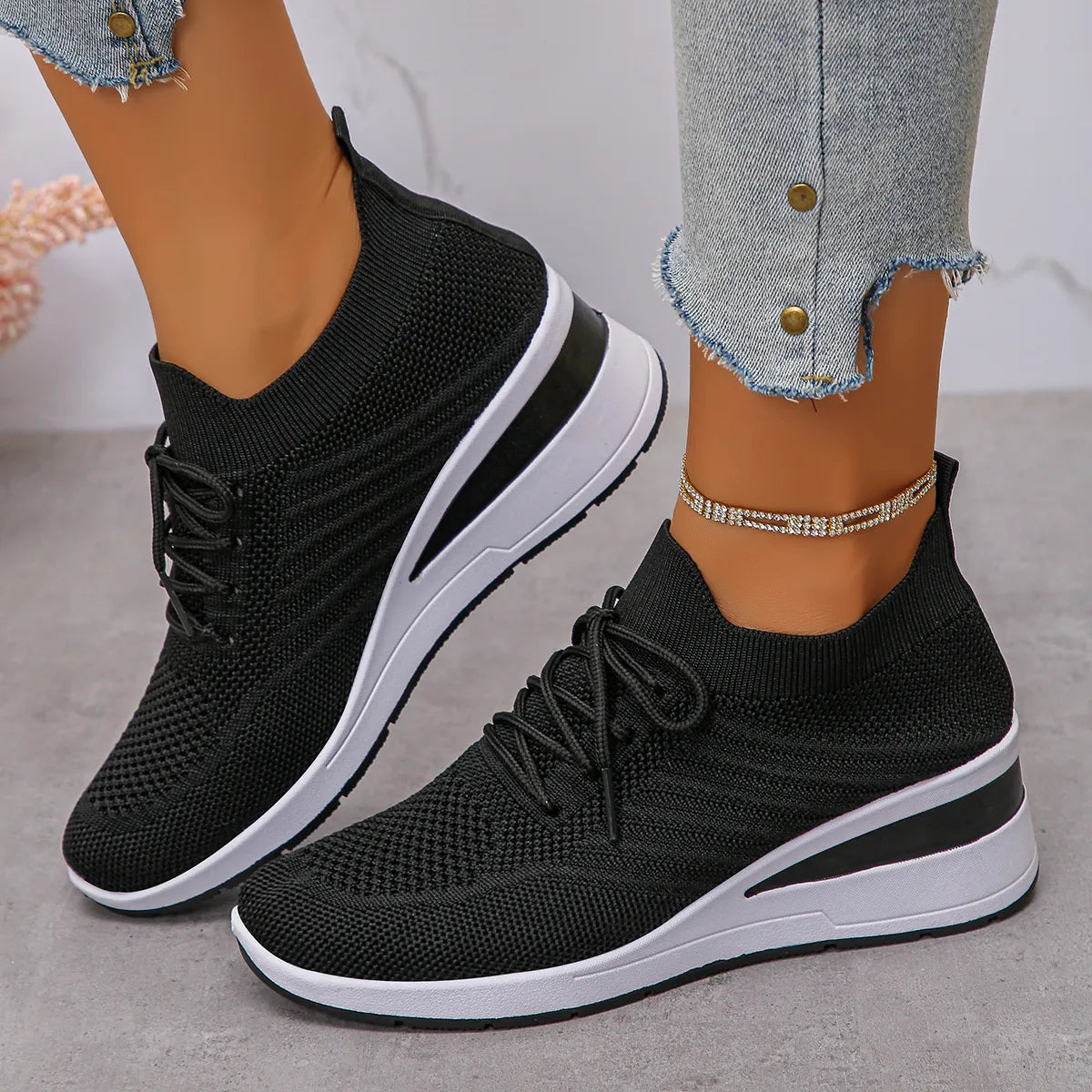 Mesh Lace Up Wedge Athletic - Lilixa.store