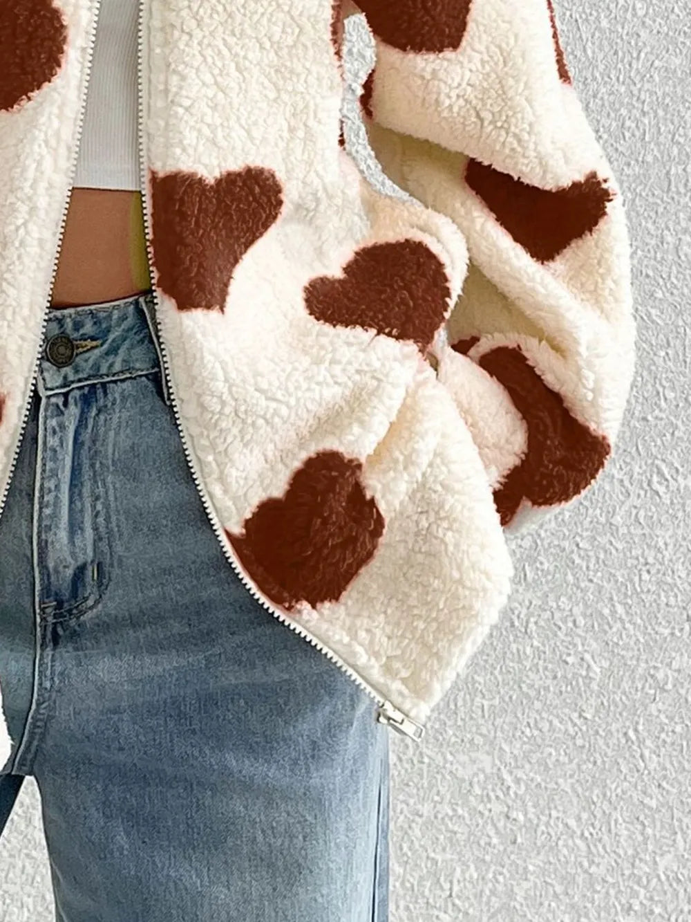 Heart Zip Up Drop Shoulder Furry Jacket, view 6