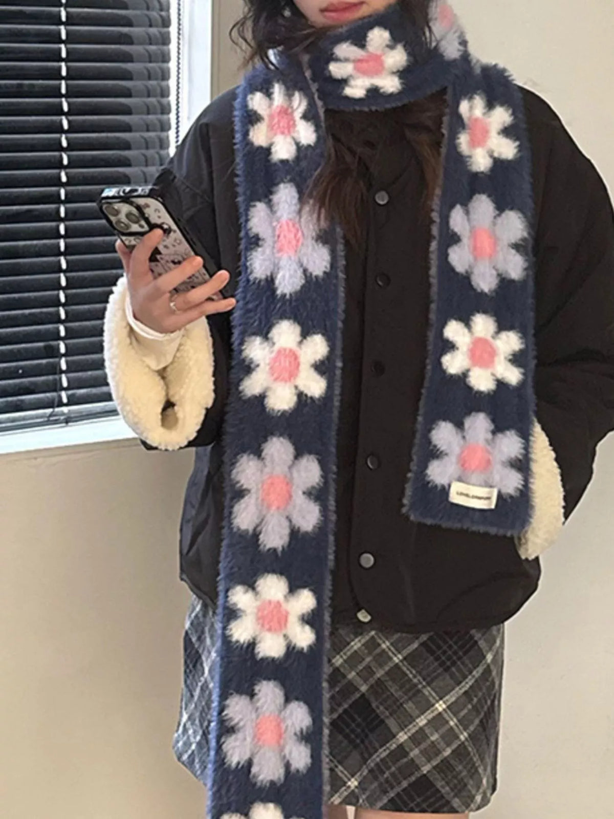 Floral Fuzzy Knit Scarf - Lilixa.store