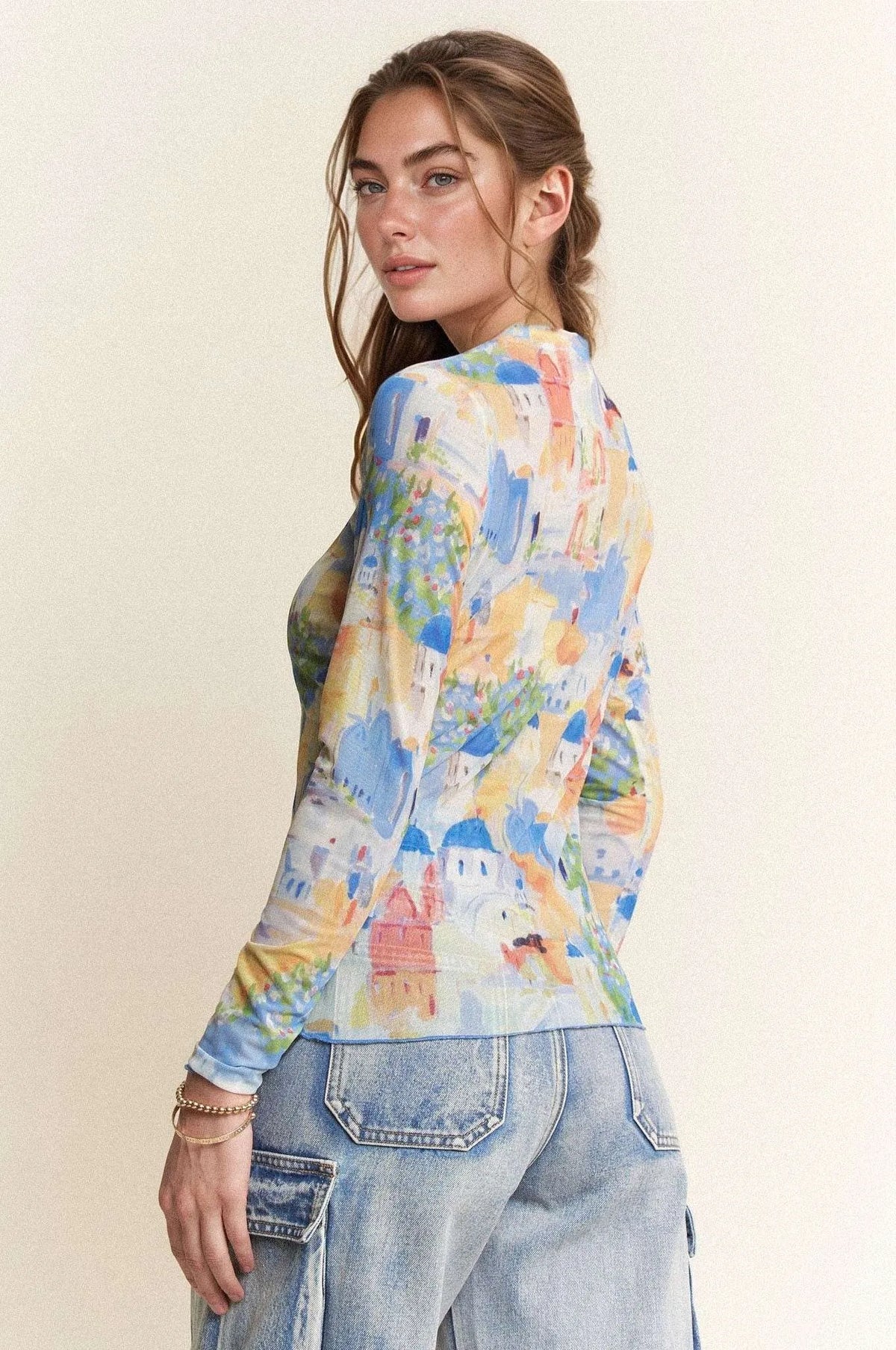 Davi & Dani Multi Printed Mesh Round Neck Long Sleeve Top - Lilixa.store