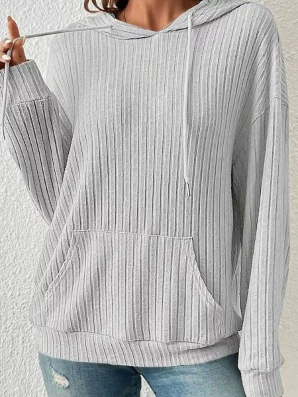 Ribbed Knit Long Sleeve Drawstring Hoodie - Lilixa.store