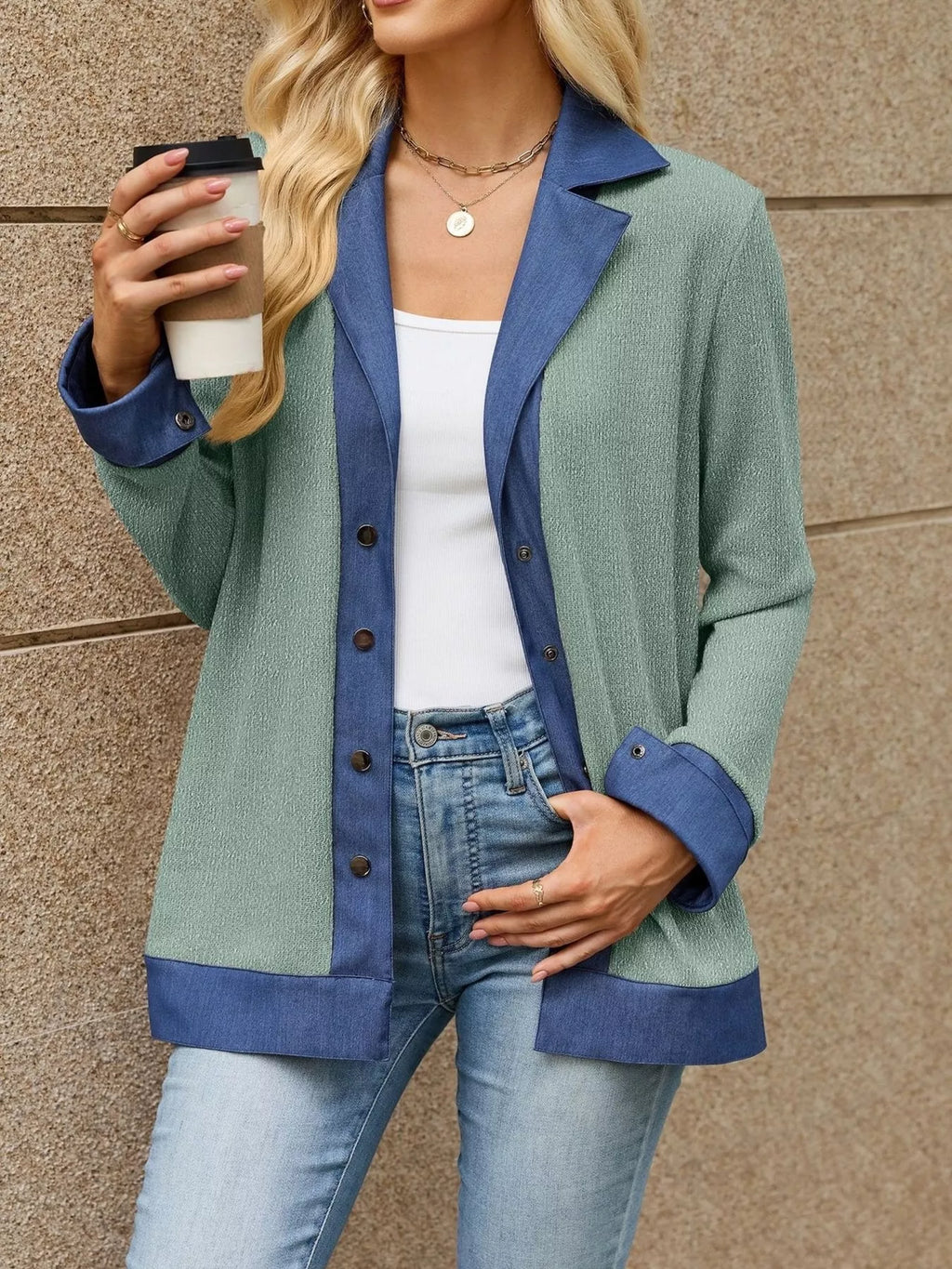 Contrast Denim Lapel Collar Outerwear - Lilixa.store