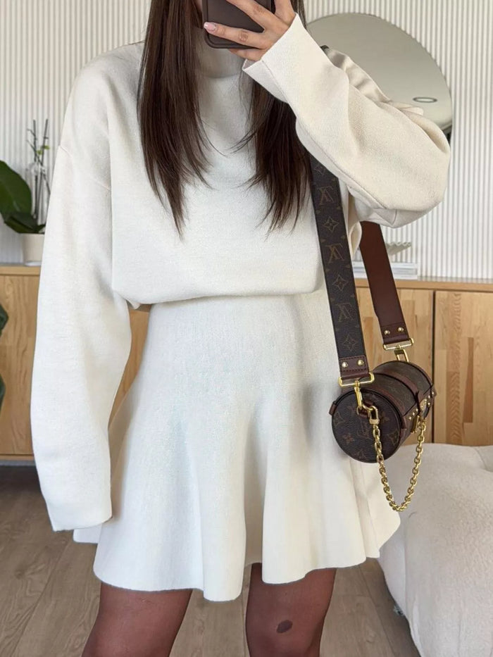Mock Neck Knit Top and Flared Skirt Set in White