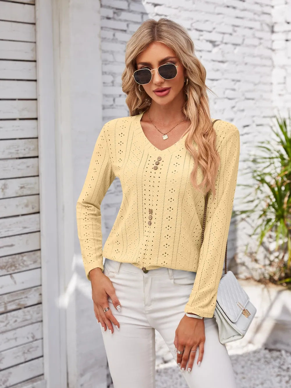 Decorative Button Openwork V-Neck T-Shirt - Lilixa.store