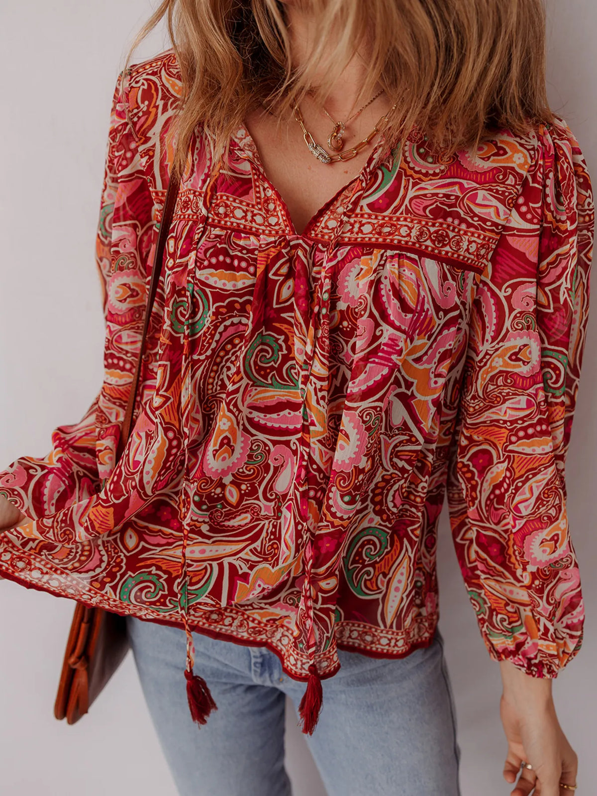 Multicolour Ethnic Paisley Print Tassel Tie Puff Sleeve Boho Blouse in Floral, view 4