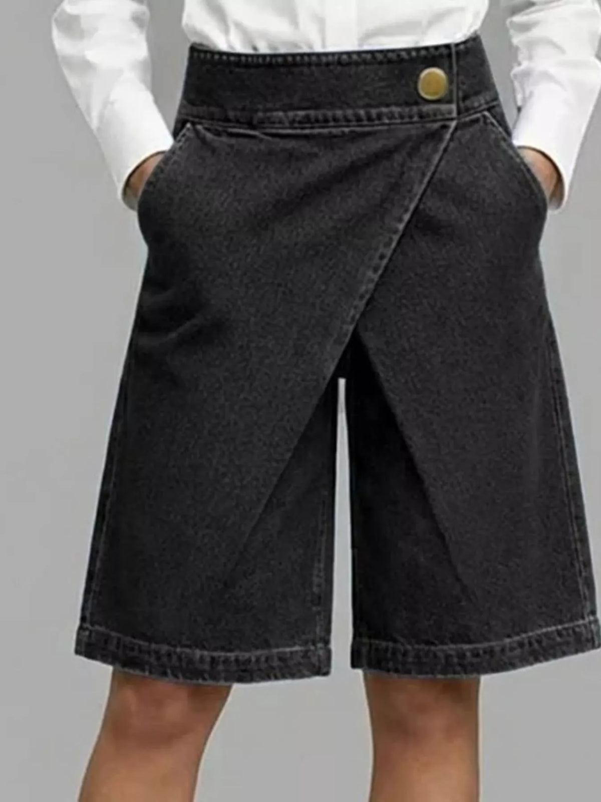 Full Size High-Waisted Wrap-Front Denim Look Shorts Plus Size