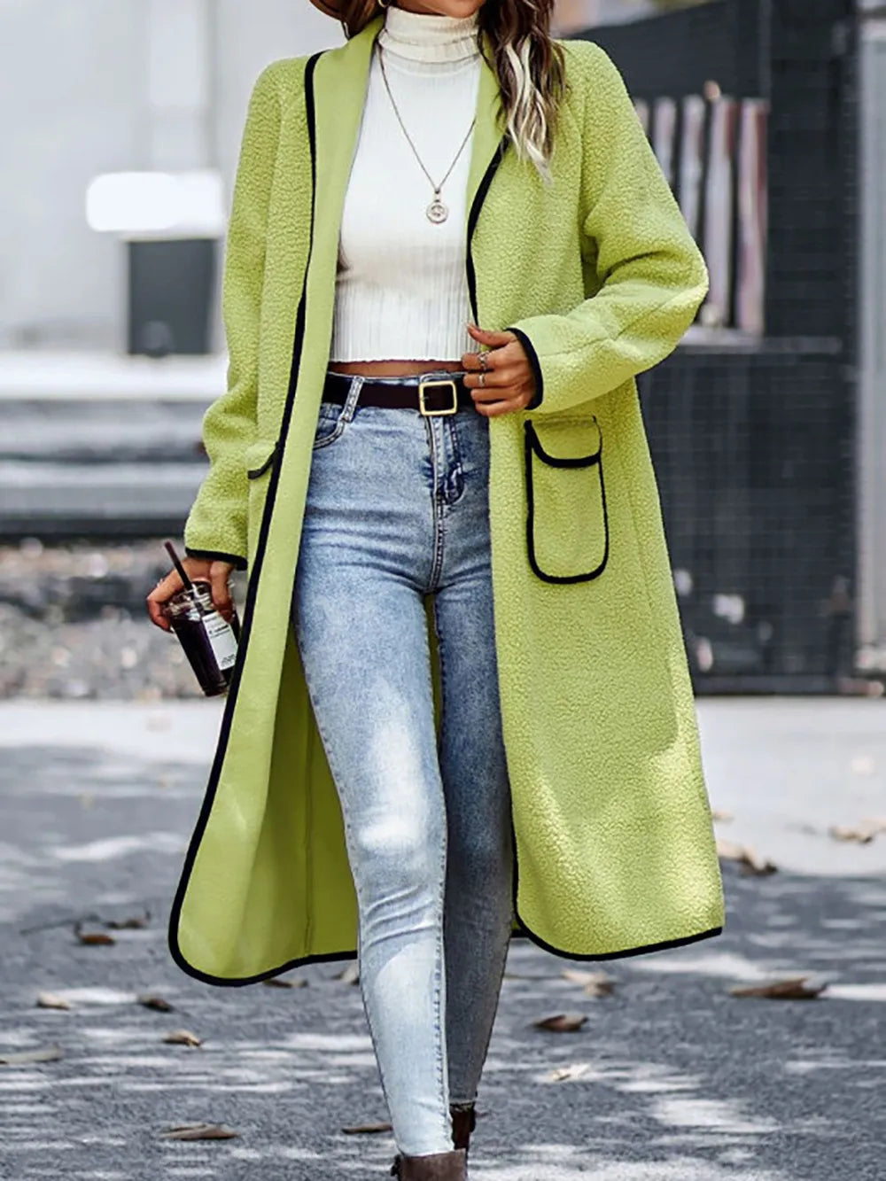 Full Size Contrast Trim Long Sleeve Coat with Pockets in Lime