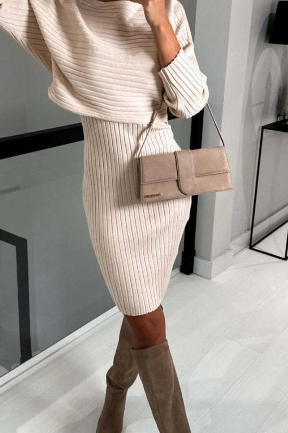 Ribbed Round Neck Top and Cami Dress Sweater Set, view 7