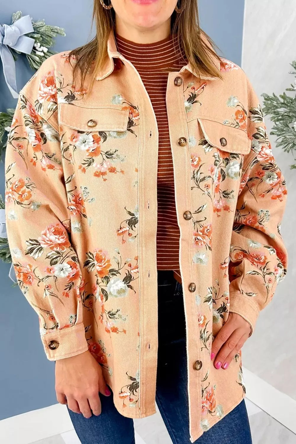Floral Print Long Sleeve Denim Jacket - Lilixa.store